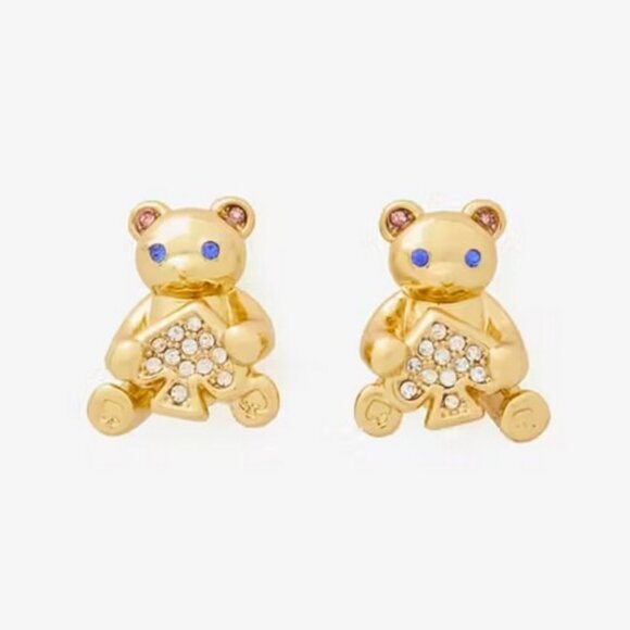 Kate Spade NW Spade & Teddy Bear Studs Gold "Oh What Fun" with dust bag - Picture 1 of 6